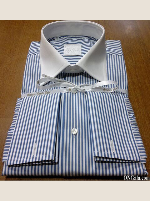 Camicia cotone bianco a righe blu collo a contrasto