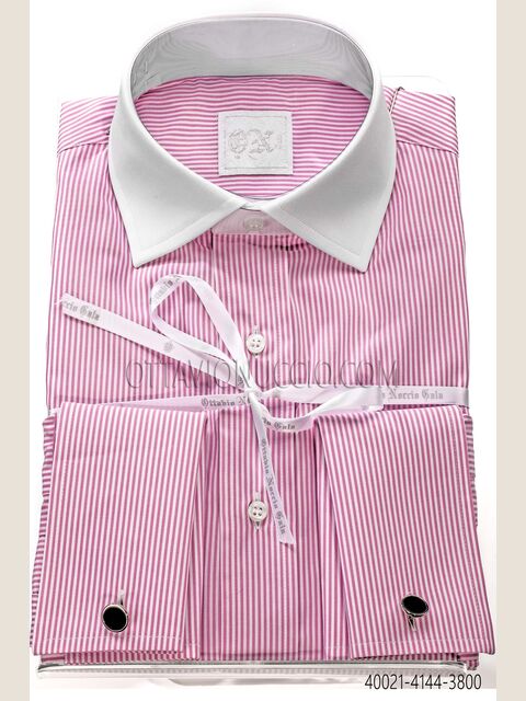 Camicia cotone a righe rosa collo a contrasto