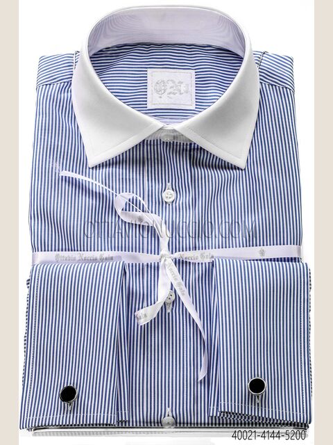 Camicia bianca a righe blu in cotone con collo a contrasto