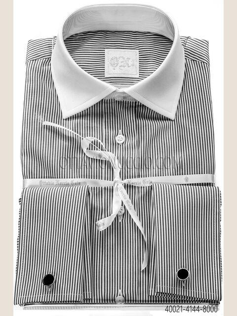 Camicia cotone bianco a righe nere collo a contrasto
