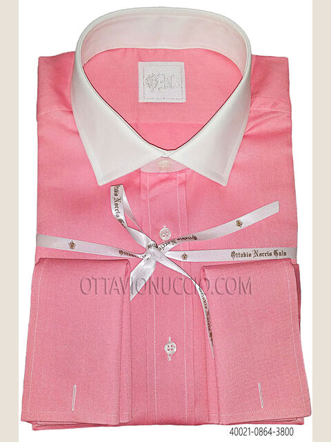 Camicia microdisegno cotone rosa collo a contrasto