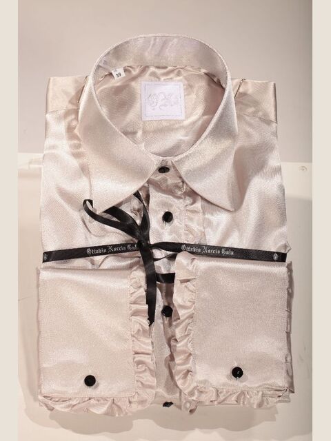 Camicia in raso grigio perla naturale con volant