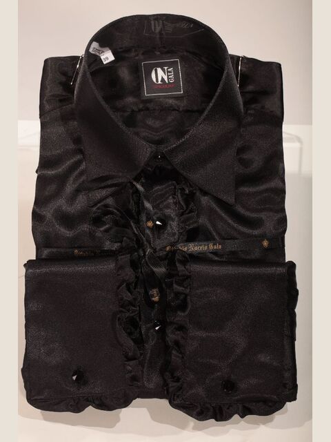 Camicia in raso nero con volant