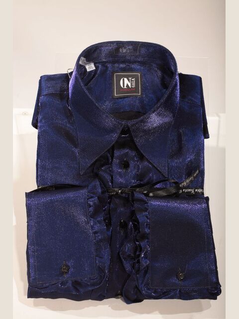 Camicia in lurex blu elettrico con volant