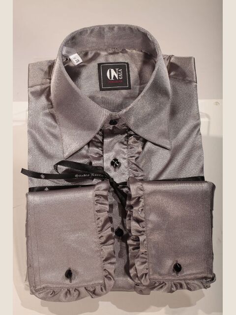 Camicia con volant in raso grigio