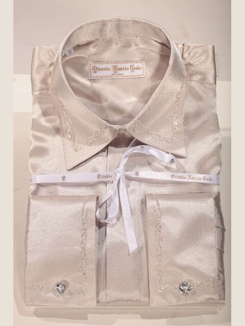 Camicia in raso grigio perla ricamo fiori argento