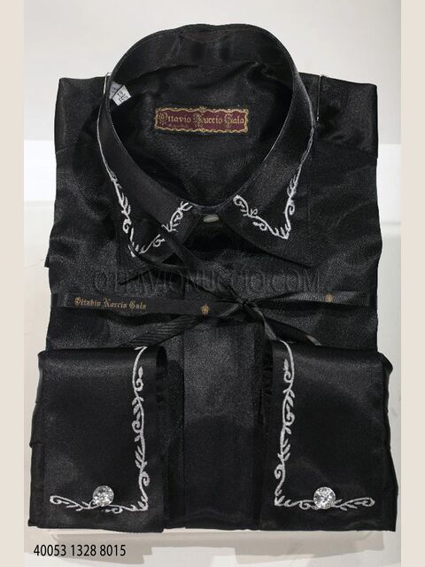 Camicia in raso nera ricamo perlato fiori