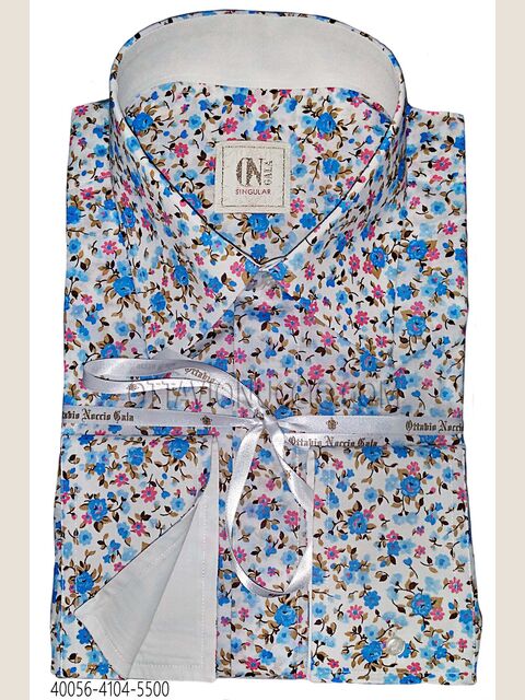 Camicia cotone disegno liberty celeste con contrasti