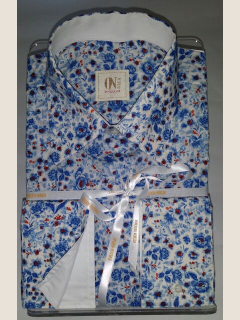 Camicia cotone disegno liberty celeste con contrasti