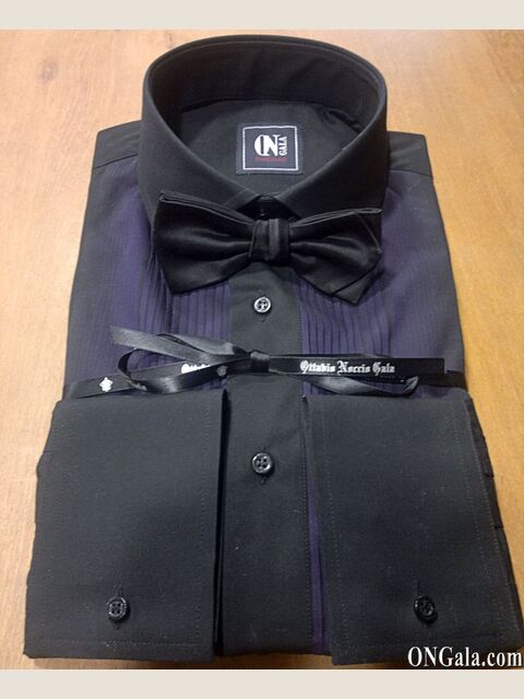 Camicia nera Tuxedo in cotone con plissé