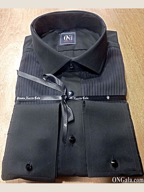 Camicia nera Tuxedo in cotone con plissé, gemelli neri