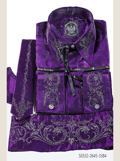 Camicia, Cravatta e Fascia in tessuto lurex viola scuro con ricamo