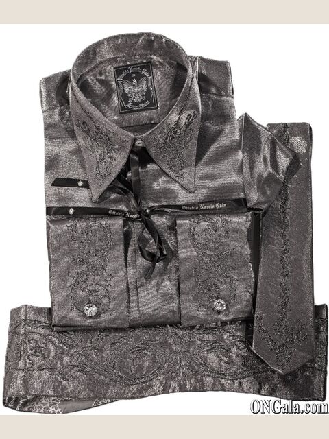 Camicia, Cravatta e Fascia in tessuto lurex grigio con ricamo