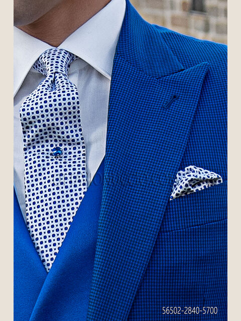 Cravatta e Fazzoletto in seta bianco disegno blu royal