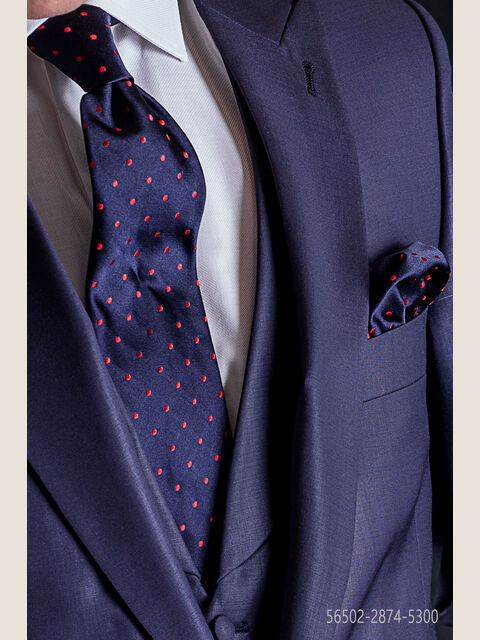 Cravatta e Fazzoletto in seta blu pois rossi