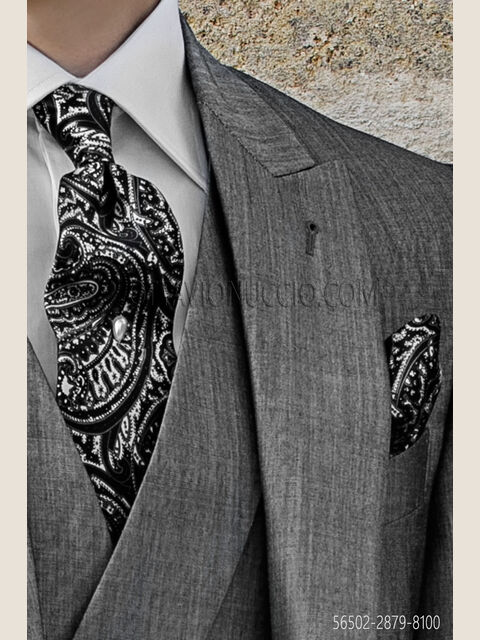 Cravatta e fazzoletto in seta jacquard bianca e nera