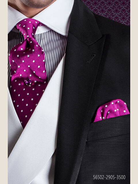 Cravatta e Fazzoletto in seta fucsia con pois bianchi