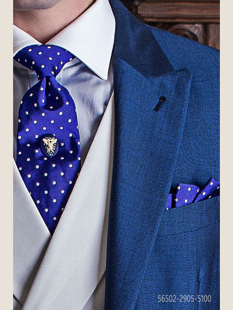Cravatta e Fazzoletto in seta blu royal con pois bianchi