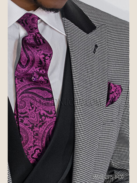 Cravatta e Fazzoletto in seta cachemire nero con fucsia
