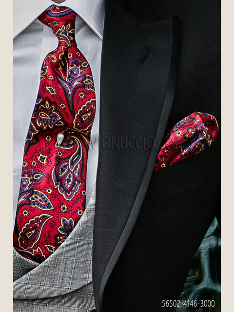 Cravatta rossa disegno Paisley rosso con fazzoletto