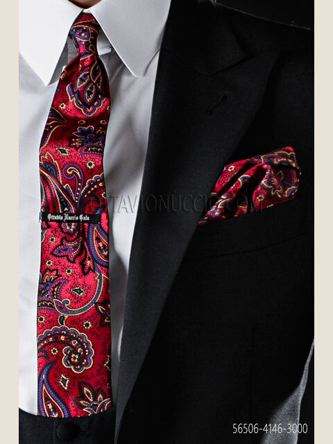 Cravattino e fazzoletto disegno Paisley rosso