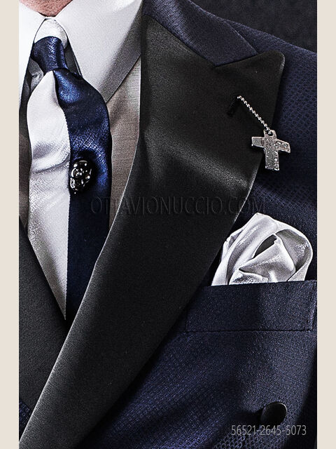 Cravattino bicolore in lurex blu e grigio perla con fazzoletto