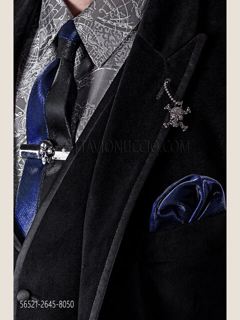 Cravattino bicolore in lurex nero e blu con fazzoletto