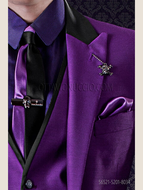 Cravattino bicolore nero e viola in raso con fazzoletto