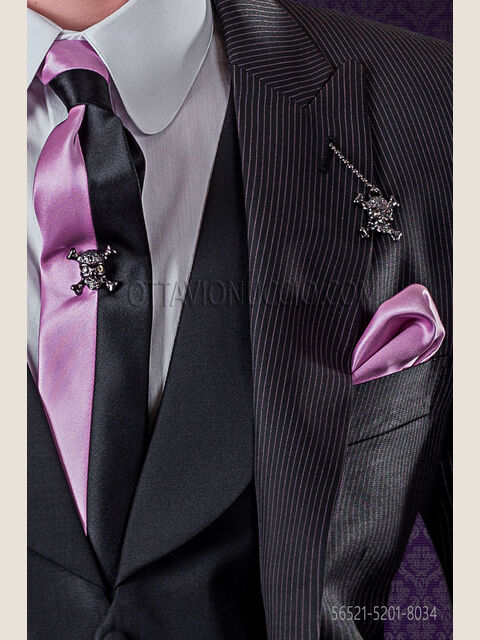 Cravattino bicolore nero e rosa in raso con fazzoletto