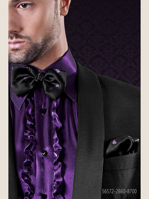 Papillon e Fazzoletto in seta nero con teschi viola