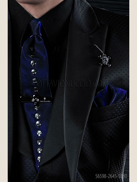 Cravatta e fazzoletto lurex blu royal con teschi