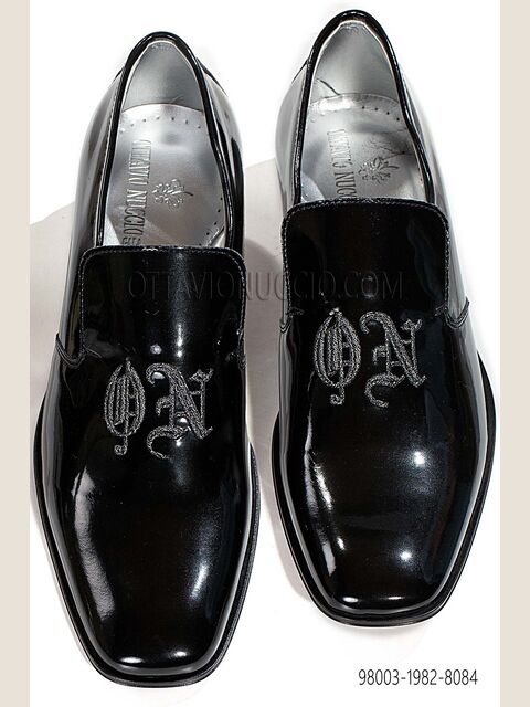 Slipper vernice nera ricamata nero-argento