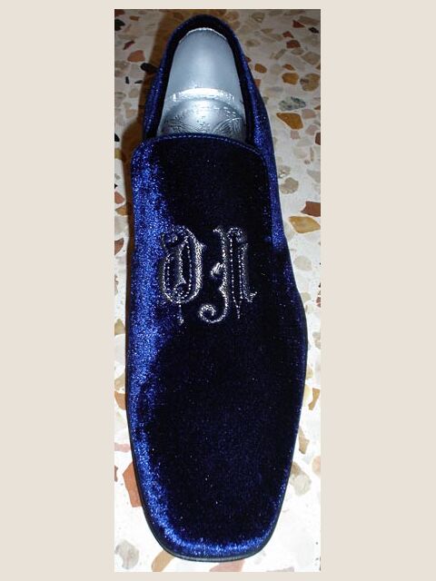 Slipper velluto blu ricamata nero-argento