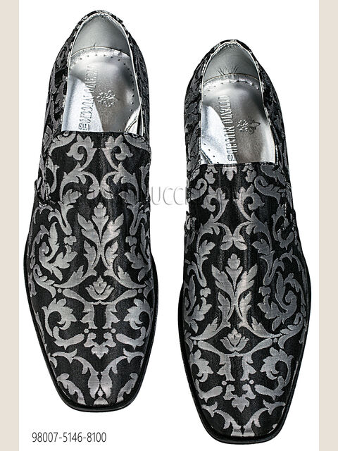 Slipper in tessuto damascato nero-argento