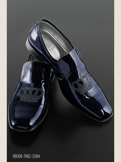 Slipper blu con ricamo corona nero-argento