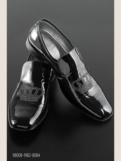 Slipper vernice nera con ricamo corona nero-argento