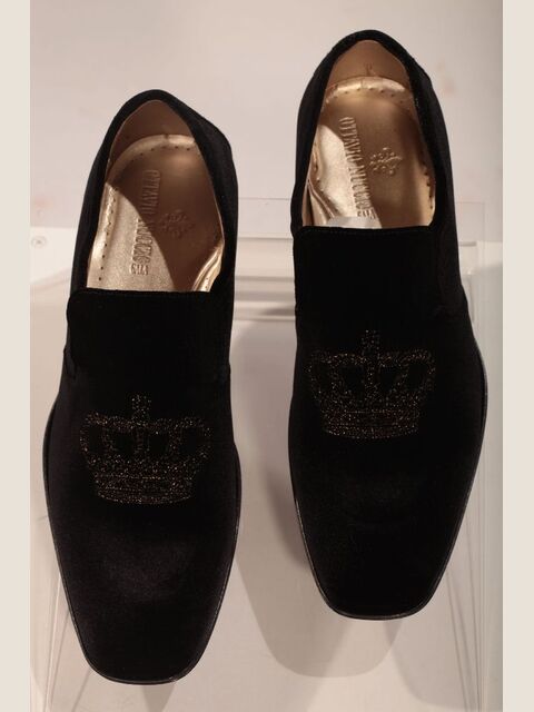 Slipper velluto nero con ricamo corona nero-oro