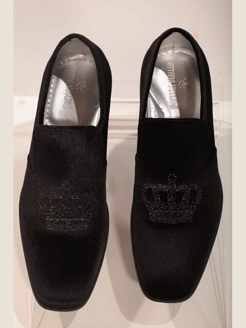Slipper velluto nero con ricamo corona nero-argento