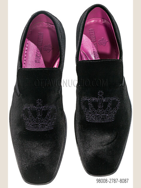 Slipper velluto nera con ricamo corona nero-viola