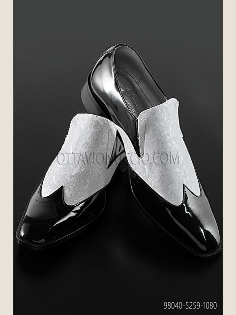 Scarpa bicolore vernice nera inserto broccato bianco
