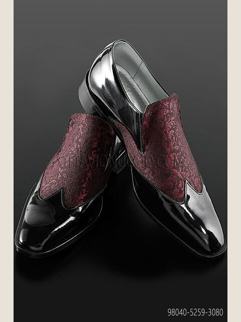 Scarpa bicolore vernice nera inserto broccato rosso