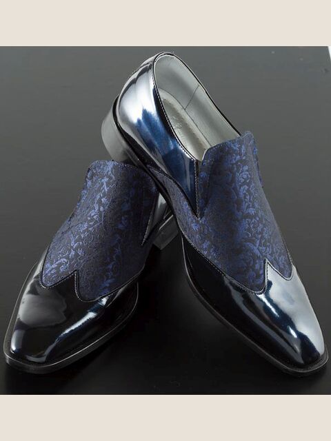 Scarpa bicolore vernice blu inserto broccato blu