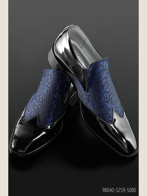 Scarpa bicolore vernice nera inserto broccato nero