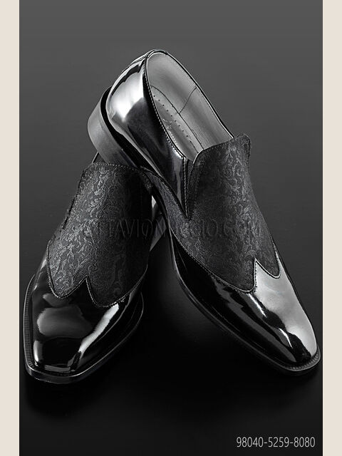 Scarpa bicolore vernice nera inserto broccato nero