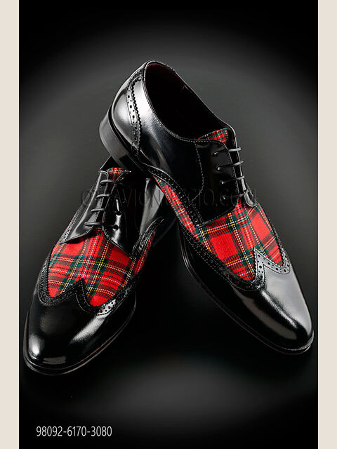 Scarpa bicolore allacciata 4 fori inserto tartan rosso