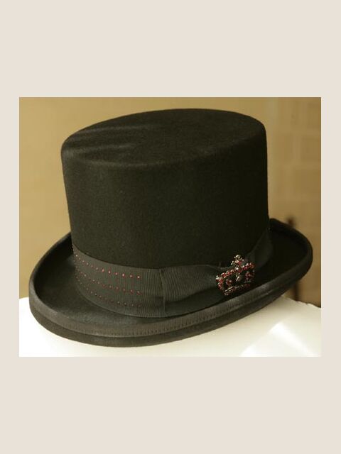 Cilindro in feltro nero e strass rossi su gros grain