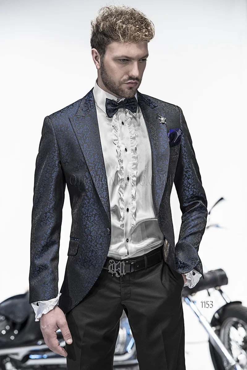 Abito sposo con giacca jacquard nero blu 1