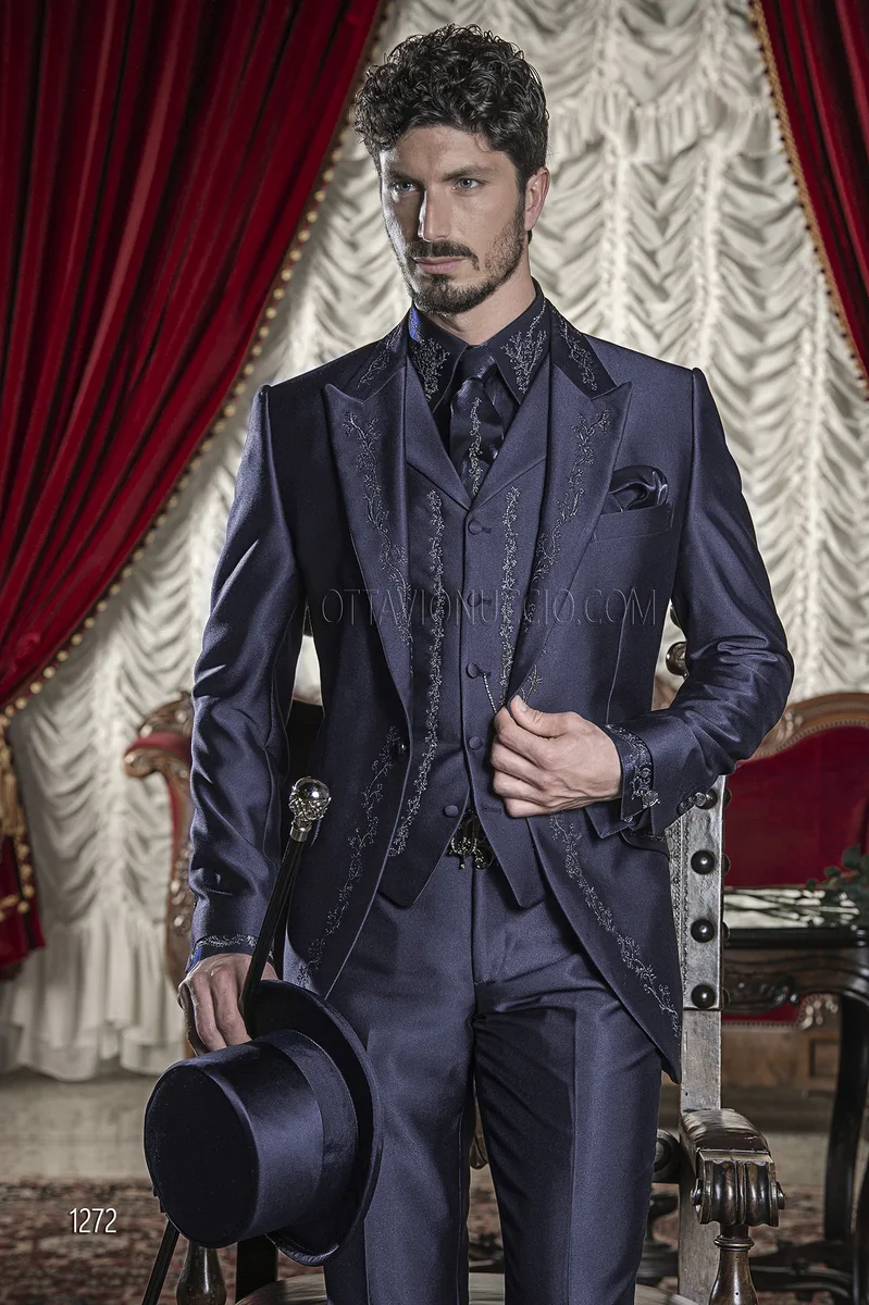 Abito blu da cerimonia uomo con ricamo nero e argento 1