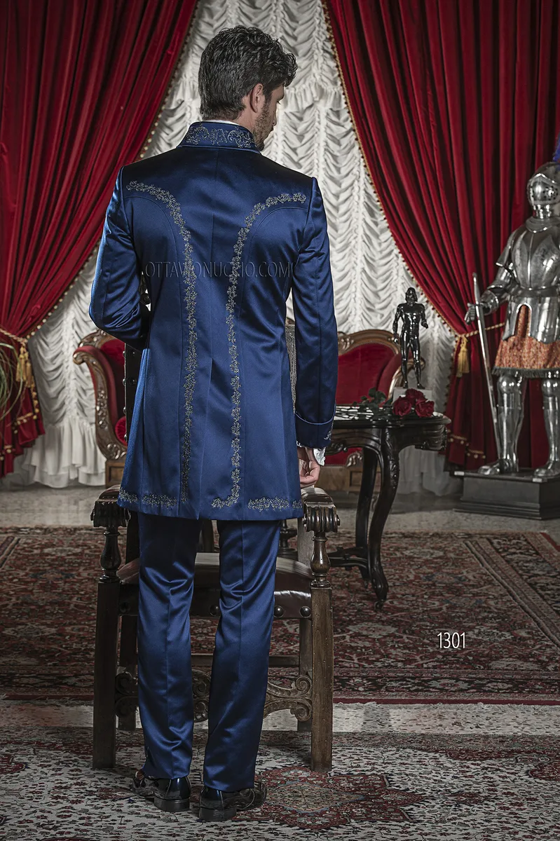 Abito da sposo damascato barocco raso blu ricamato 2