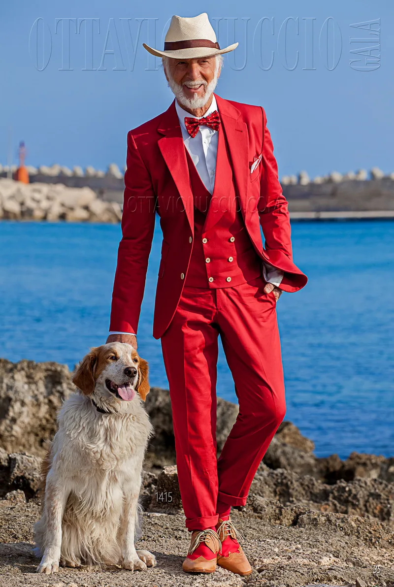 Abito uomo stile hipster in cotone rosso con gilet doppiopetto a tono 1